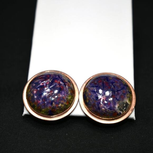 Renoir Matisse Vintage Crackle Lucite Copper Clip Earrings, Designer 1 1/4 Inch - Picture 9 of 10